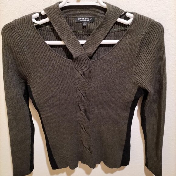 Women Liverpool Los Angeles V-Neck Sweater Size L Dark Green Twist Front Knit - Picture 1 of 5